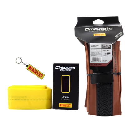 Pirelli Cinturato Adventure Classic Bike Tire 45 622 Tan Wall with Cinturato SmarTUBE 33/45 622 TPU Inner Tube, 60mm Presta Valve Gravel Cycling Maintenance Set, Comes with a Bonus Keychain