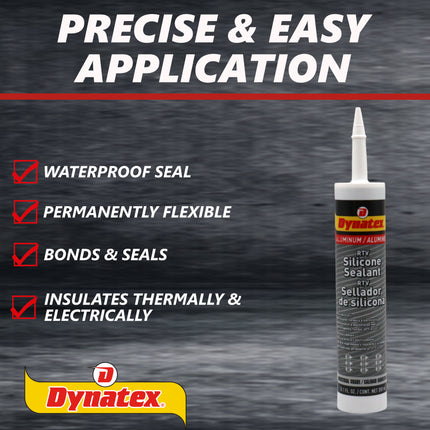 Dynatex Industrial Grade Aluminum Silicone Sealant 10.1 oz Caulk Tube - Tough Flexible Cure, Watertight Seal, Up to 500 Degrees F, Made in the USA (8-Pack)