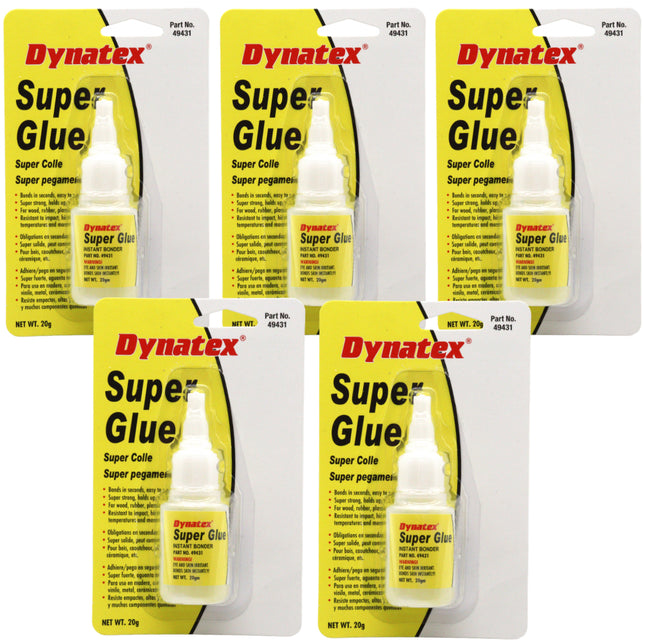 Dynatex .70 oz Super Glue Instant Adhesive - Bonds Glass Metal Plastic Rubber, 5000 PSI Strength, Clear Bond, Up to 175 Degrees F, Stronger Than Standard (5-Pack)