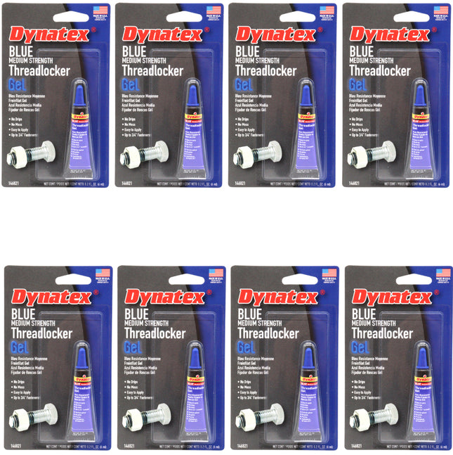 Dynatex Blue Medium Strength Gel Threadlocker 0.20 oz Bottle - Removable with Hand Tools, Locks Fasteners on Metal, Vibration Resistant, Solvent Resistant (8-Pack)