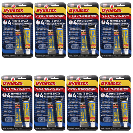 Dynatex 4 Minute Clear Epoxy Adhesive 2 oz - 60 Min Working Time, Bonds & Repairs Metal Wood Concrete Glass, Clear Machinable (8-Pack)