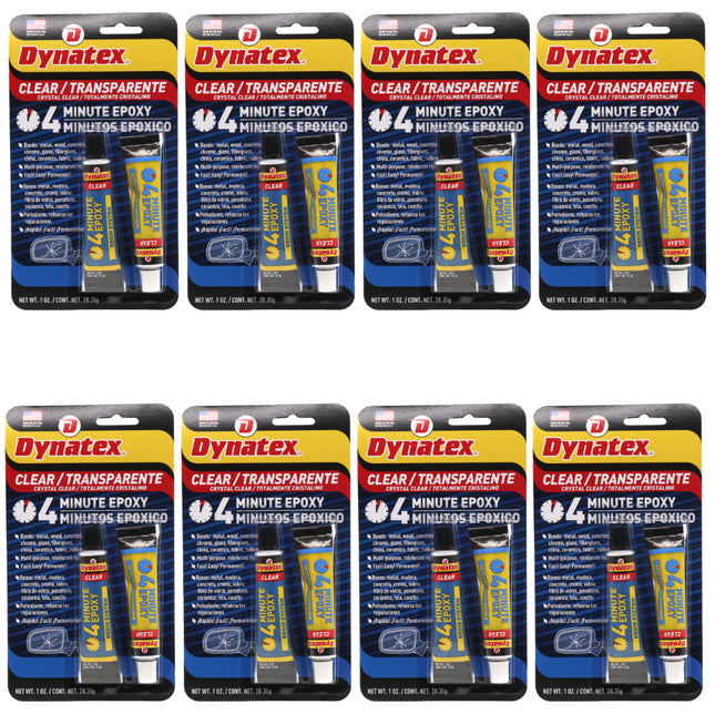 Dynatex 4 Minute Clear Epoxy Adhesive 2 oz - 60 Min Working Time, Bonds & Repairs Metal Wood Concrete Glass, Clear Machinable (8-Pack)