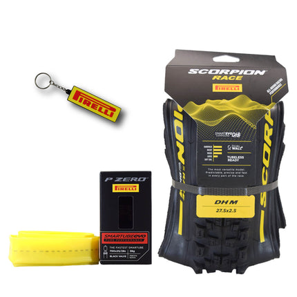 Pirelli Scorpion Race DH M Yellow 63-584 (27.5x 2.5) MTB Bicycle Tire & SmarTUBE 25/28-622 Set- Designed for Hardpacked Courses and Mixed Terrain, 60TPI - Mountain Bike Tire w/Keychain