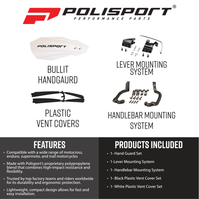 Polisport Motocross (MX) Bullit Handguards for Yamaha YZ, YZF, WR (2026+) Dirt Bikes - High-Impact Resistant Technical Plastic with UV Protection, Dual Mounting Systems, OEM-Style Precise Fit - White