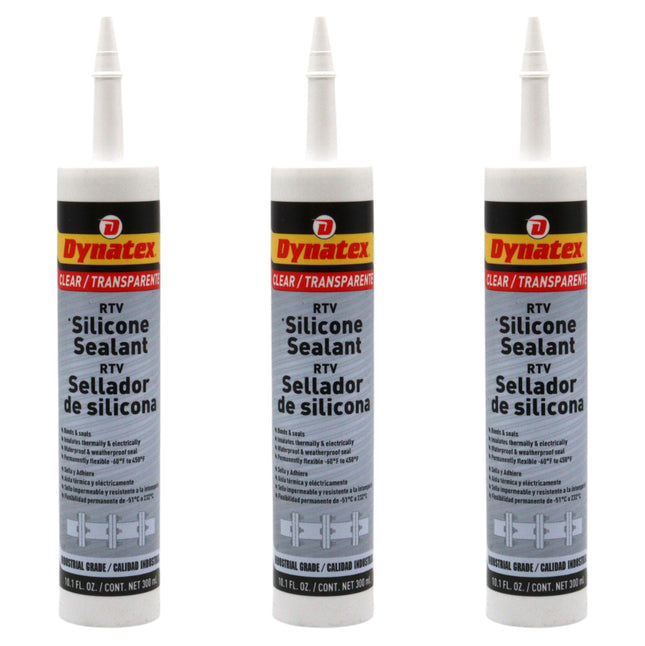 Dynatex Industrial Grade Clear Silicone Sealant 10.1 oz Caulk Tube - Tough Flexible Cure, Watertight Seal, Up to 500 Degrees F, Made in the USA (3-Pack)