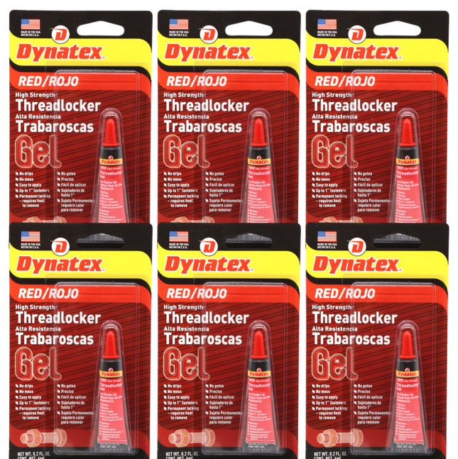 Dynatex Red High Strength Threadlocker 0.20 oz Bottle - Permanent Lock, Anaerobic, Large Fasteners, Vibration & Solvent Resistant (6-Pack)
