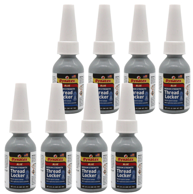 Dynatex Blue Medium Strength Threadlocker 0.34 oz Bottle - Removable with Hand Tools, Locks Fasteners on Metal, Vibration Resistant, Solvent Resistant (8-Pack)