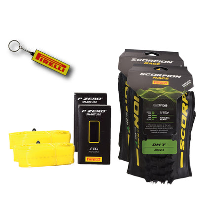 Pirelli Scorpion Race DH T Yellow 63-622 (29x 2.5) MTB Bicycle Tire & SmarTUBE 23/32-622 Set- Designed for Hardpacked Courses and Mixed Terrain, 60TPI - Mountain Bike Tire w/Keychain(2 Pk)