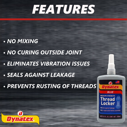 Dynatex Blue Medium Strength Threadlocker 8.5 oz Bottle - Removable with Hand Tools, Locks Fasteners on Metal, Vibration Resistant, Solvent Resistant (2-Pack)