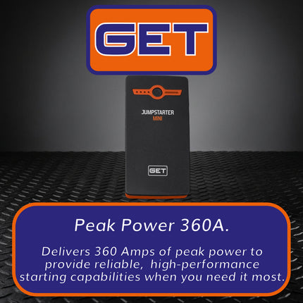 GET GK-JMPSTR-0002 Mini Jump Starter 6000mAh - Portable Jump Starter Power Bank with LED Light - 360 Peak Amps for Motorcycles, Scooters, ATVs, UTVs, Personal watercraft, and Gas Engines Up To 2000cc