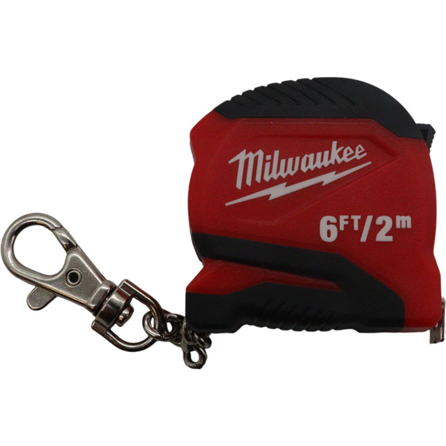 Milwaukee 6 ft/2 m Keychain Tape Measure – Compact Dual-Printed Metric & SAE Blade, Reinforced Body with Durable Blade Protection and Heavy-Duty Keychain Clip – Portable Measuring Tool for Contractors