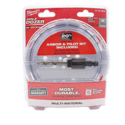 Milwaukee 6-Inch Hole Dozer Bi-Metal Hole Saw with Arbor – Reinforced Backing Plate & Plug Jack Ejection Slots – Ideal for Wood, Metal, PVC, Drywall & Plastic Cutting Applications
