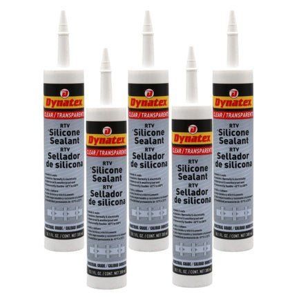 Dynatex Industrial Grade Clear Silicone Sealant 10.1 oz Caulk Tube - Tough Flexible Cure, Watertight Seal, Up to 500 Degrees F, Made in the USA (5-Pack)