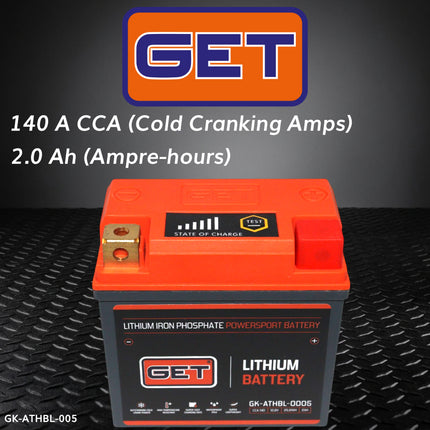 GET High Performance Lithium Motorcycle Battery, 12.8V 2Ah, 140 A CCA, Lightweight Powersports Battery for Dirt Bikes, Enduro & Motocross, IP54 Water Resistant (GK-ATHBL-0005)