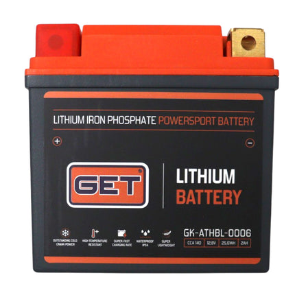 GET High Performance Lithium Motorcycle Battery, 12.8V 2Ah, 140 A CCA, Lightweight Powersports Battery for Dirt Bikes, Enduro & Motocross, IP54 Water Resistant (GK-ATHBL-0006 )