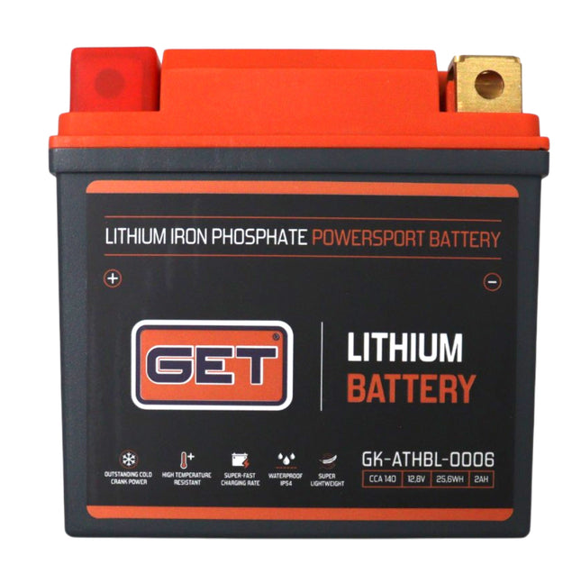 GET High Performance Lithium Motorcycle Battery, 12.8V 2Ah, 140 A CCA, Lightweight Powersports Battery for Dirt Bikes, Enduro & Motocross, IP54 Water Resistant (GK-ATHBL-0006 )