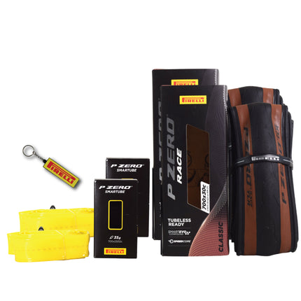 Pirelli P ZERO Race TLR Classic 30-622(700x30c) & SmarTUBE 23/32-622 700C Road Bike Tire & Tube Set-Lightweight, Bicycle Tire & Tube Set for Road Racing-Tan Sidewall, SmartEVO Compound w/Keychain(2Pk)