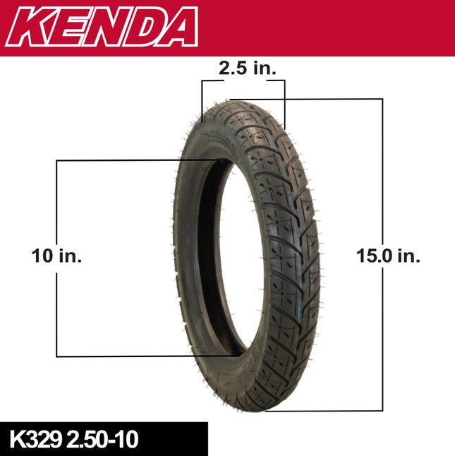 Kenda K329 2.50/10 TT 4-Ply Front/Rear Scooter Tire for Urban Street Riding and Light Off-Road Use, (2.50-10 TT) with Kenda Keychain