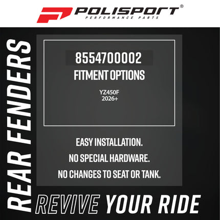 Polisport 8687500002 Motocross (MX) Rear Fender for Yamaha YZ450F (2026+) Dirt Bikes - High-Impact Resistant Technical Plastic with UV Protection, OEM-Style Precise Fit - White
