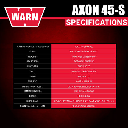 WARN AXON 45-S Powersport Winch – 4,500 lb Pulling Capacity, Synthetic Rope, Advanced Sealed Motor, IP68 Waterproof, All-Metal Gear Train for ATV/UTV Recovery, Trail Riding & Utility Work