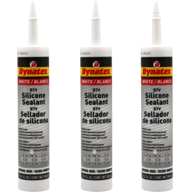 Dynatex Industrial Grade White Silicone Sealant 10.1 oz Caulk Tube - Tough Flexible Cure, Watertight Seal, Up to 500 Degrees F, Made in the USA (3-Pack)