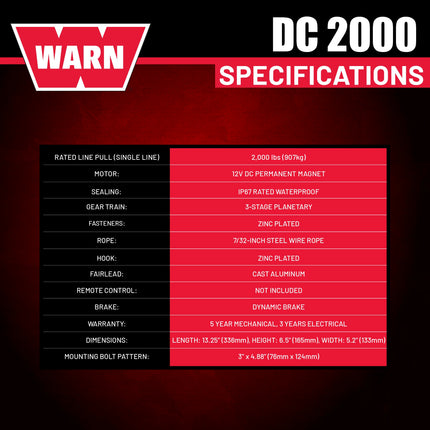 WARN 2000 DC 12V Electric Winch, 2000 lb Pulling Capacity | Steel Cable, Hook & Corded Remote | Portable, Compact Power for trailers, ATVs, Workshops, and General Utility Lifting & Pulling