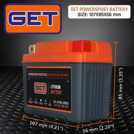 GET High Performance Lithium Motorcycle Battery, 12.8V 2.5Ah, 175 A CCA, Lightweight Powersports Battery for Dirt Bikes, Enduro & Motocross, IP54 Water Resistant (GK-ATHBL-0003)