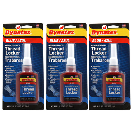Dynatex Blue Medium Strength Threadlocker 0.81 oz Bottle - Removable with Hand Tools, Locks Fasteners on Metal, Vibration Resistant, Solvent Resistant (3-Pack)