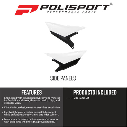 Polisport 8507200002 Motocross (MX) Side Panels for Yamaha YZ450F (2023+) YZ250F (2024+) Dirt Bikes - High-Impact Resistant Technical Plastic with UV Protection, OEM-Style Precise Fit - White