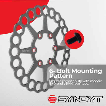 Syndyt SPP Holy Rotor Supersized 120mm Heat-Treated Lightweight Stainless Steel Disc Brake Rotor for BMX Race Bikes, Standard 6 Bolt ISO Mounting Pattern, Includes 6 Steel Rotor Bolts