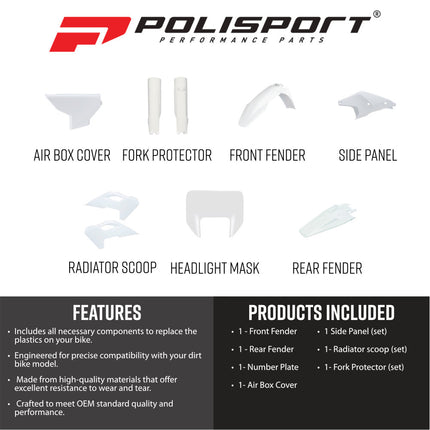 Polisport 91647 Full Plastic Kit with Mask for Husqvarna TE/FE 2024+ – White – Complete Replica Bodywork w/ Front & Rear Fenders, Side Panels, Airbox, Headlight Mask, Radiator Scoops & Fork Protectors