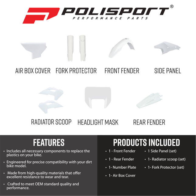 Polisport 91647 Full Plastic Kit with Mask for Husqvarna TE/FE 2024+ – White – Complete Replica Bodywork w/ Front & Rear Fenders, Side Panels, Airbox, Headlight Mask, Radiator Scoops & Fork Protectors