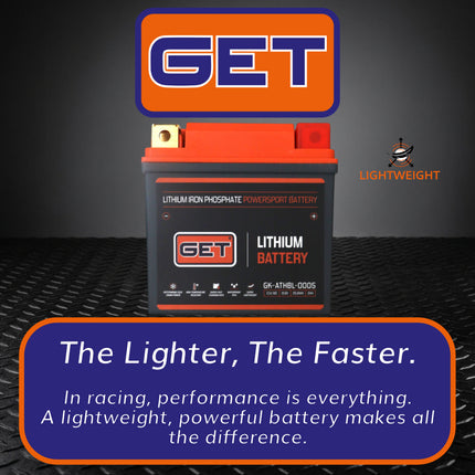 GET High Performance Lithium Motorcycle Battery, 12.8V 2Ah, 140 A CCA, Lightweight Powersports Battery for Dirt Bikes, Enduro & Motocross, IP54 Water Resistant (GK-ATHBL-0005)