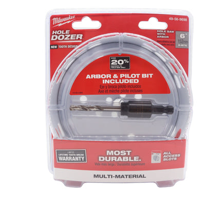 Milwaukee 6-Inch Hole Dozer Bi-Metal Hole Saw with Arbor – Reinforced Backing Plate & Plug Jack Ejection Slots – Ideal for Wood, Metal, PVC, Drywall & Plastic Cutting Applications