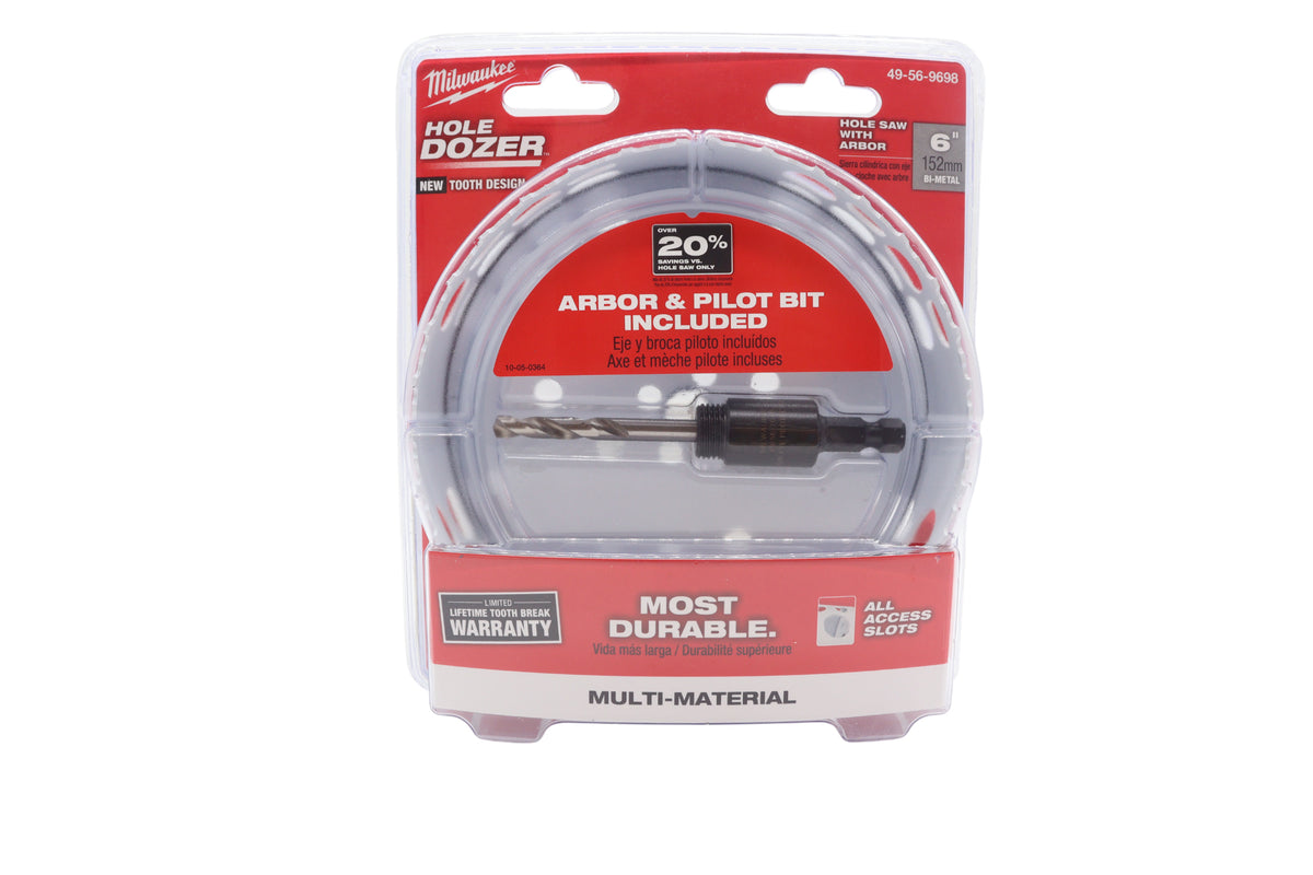 Milwaukee 6-Inch Hole Dozer Bi-Metal Hole Saw with Arbor – Reinforced Backing Plate & Plug Jack Ejection Slots – Ideal for Wood, Metal, PVC, Drywall & Plastic Cutting Applications