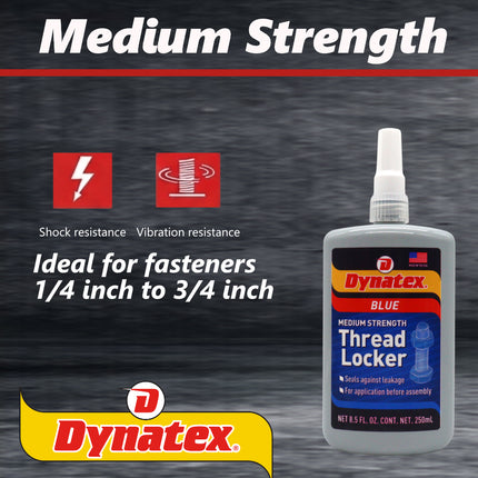Dynatex Blue Medium Strength Threadlocker 8.5 oz Bottle - Removable with Hand Tools, Locks Fasteners on Metal, Vibration Resistant, Solvent Resistant (2-Pack)