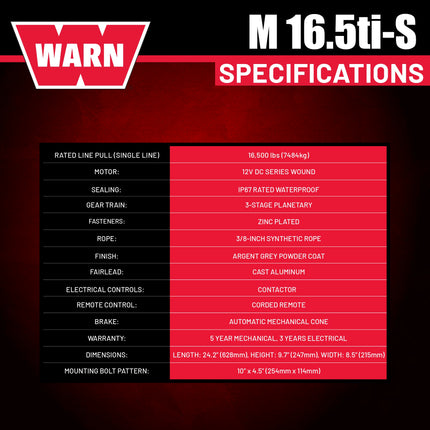 WARN 97740 16.5TI-S Electric 12V Heavyweight Winch with Spydura Pro Synthetic Cable Rope: 3/8" Diameter x 80' Length, 8.25 Ton (16,500 lb) Pulling Capacity