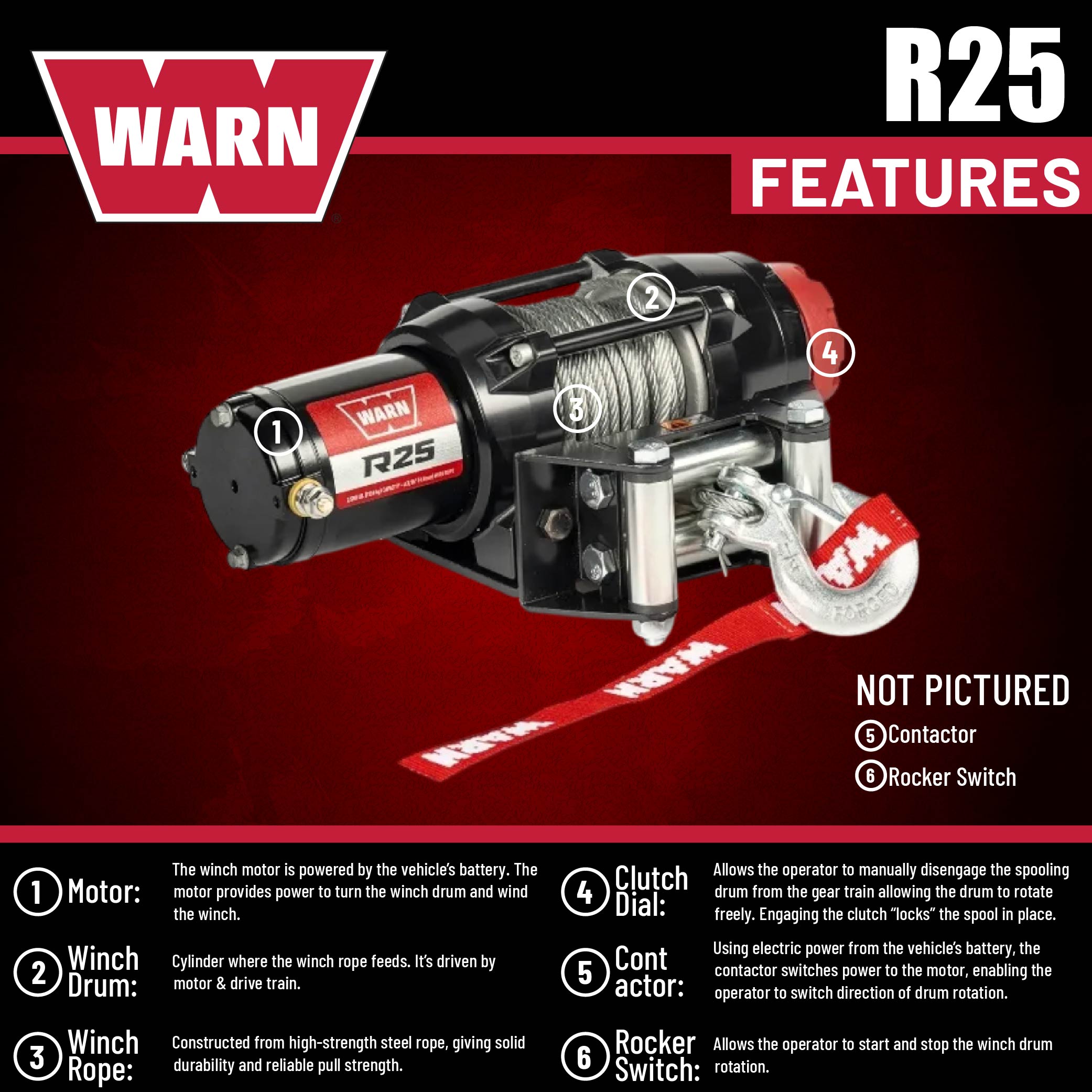 Warn R25 Wire Rope Winch – 2,500 lb Pulling Capacity, equipped with 50’ of 3/16” steel rope & remote-mounted rocker switch - Roller fairlead for ATV, UTV, Side by Side, and SXS Recovery & Towing