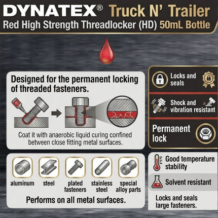 Dynatex Red High Strength Threadlocker 1.70 oz Bottle - Permanent Lock, Anaerobic, Large Fasteners, Vibration & Solvent Resistant (6-Pack)