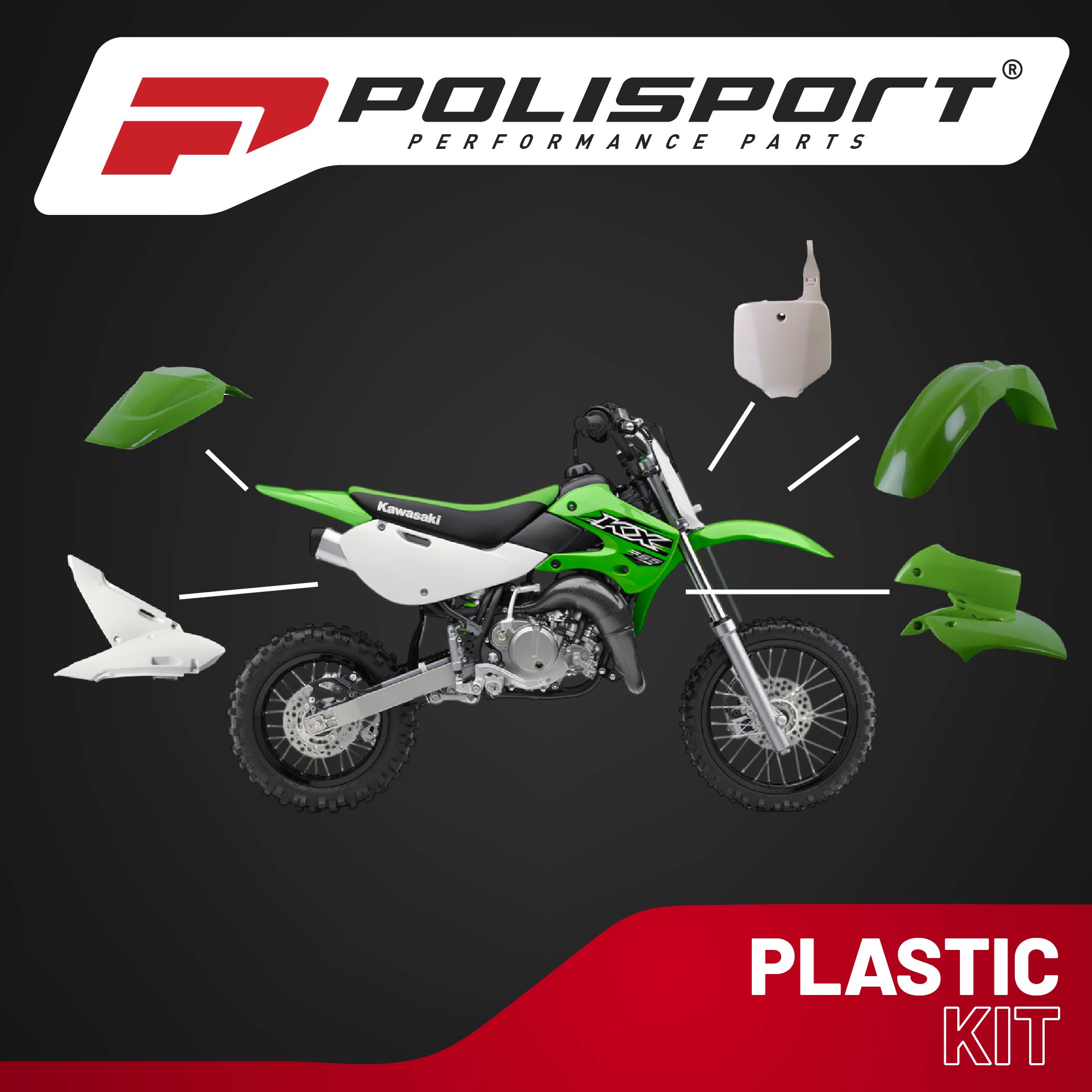 Polisport Motocross (MX) Replica Plastic Kit for Kawasaki KX 65 (2000-25) Dirt Bike – OEM Quality, Durable, Flexible & Perfect Fit – Green/White
