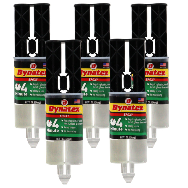 Dynatex 4 Minute Epoxy Adhesive 1 oz Twin Syringe - Rapid Cure, Clear Rigid Bond, Bonds Metal Ceramic Glass Concrete Wood, Pre-Measured (5-Pack)