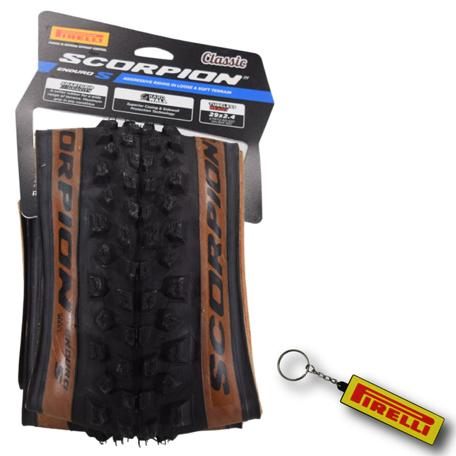 Pirelli Scorpion Enduro S Classic Tan 60-622 (29x 2.4) MTB Bicycle Tire  - Designed for Demanding Natural, Hardpacked, & Loose Courses, 60TPI and Hard Wall Casing- Mountain Bike Tire w/Keychain