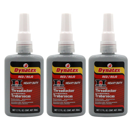 Dynatex Red High Strength Threadlocker 1.70 oz Bottle - Permanent Lock, Anaerobic, Large Fasteners, Vibration & Solvent Resistant (3-Pack)