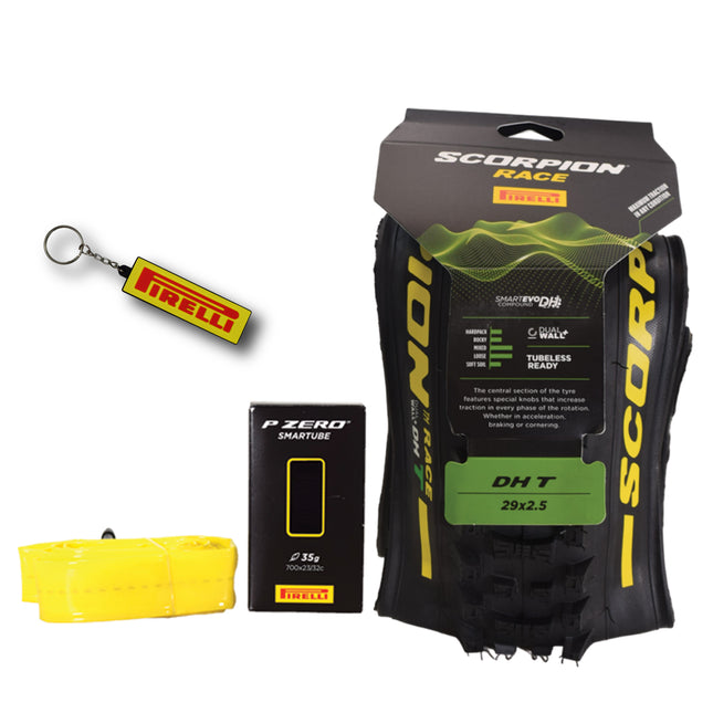 Pirelli Scorpion Race DH T Yellow 63-622 (29x 2.5) MTB Bicycle Tire & SmarTUBE 23/32-622 Set- Designed for Hardpacked Courses and Mixed Terrain, 60TPI - Mountain Bike Tire w/Keychain