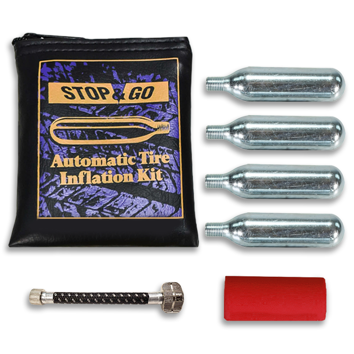 Stop-Go-1090-Motorcycle-ATV-Lawn-Mower-Tire-Inflation-Kit-with-4-Pack-CO2-Cartridges-Hose-and-Storage-Bag-image-1